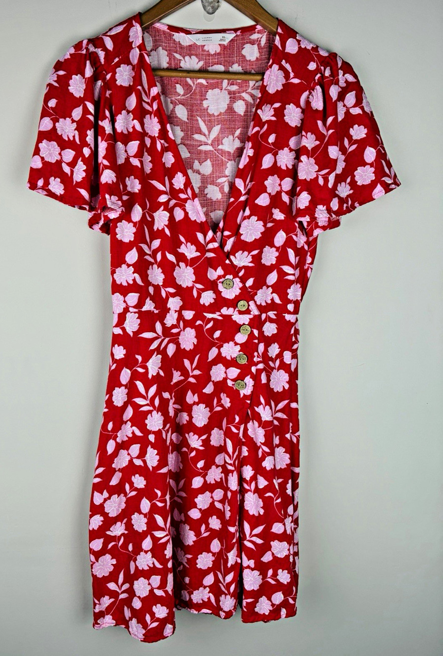 LC Lauren Conrad Dress XS Red Pink Floral Linen Blend Button Midi Cottagecore